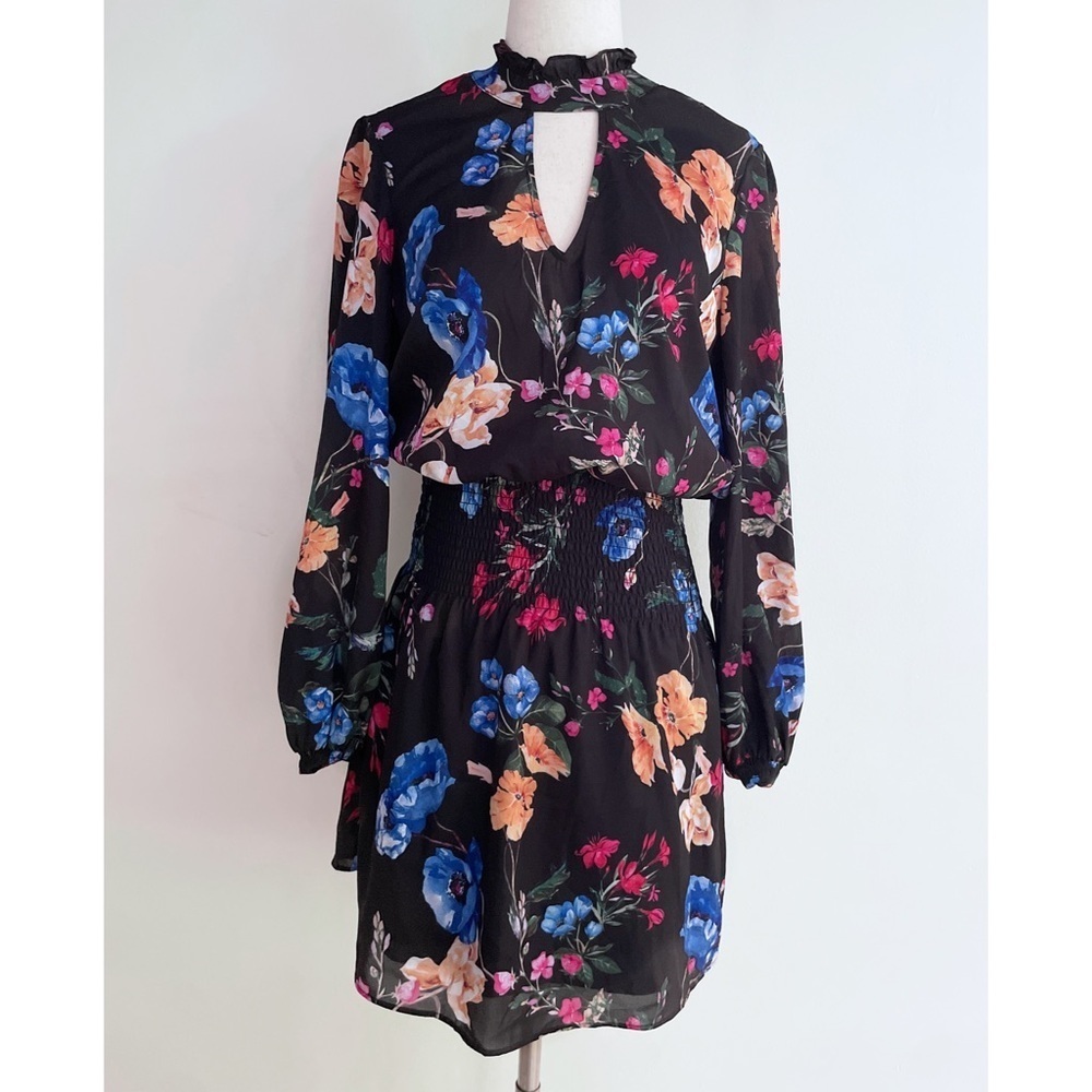 Nwt Parker Floral Mock Neck Smocked Waist Black Calla Long Sleeves Dress Small — image 2 of 8